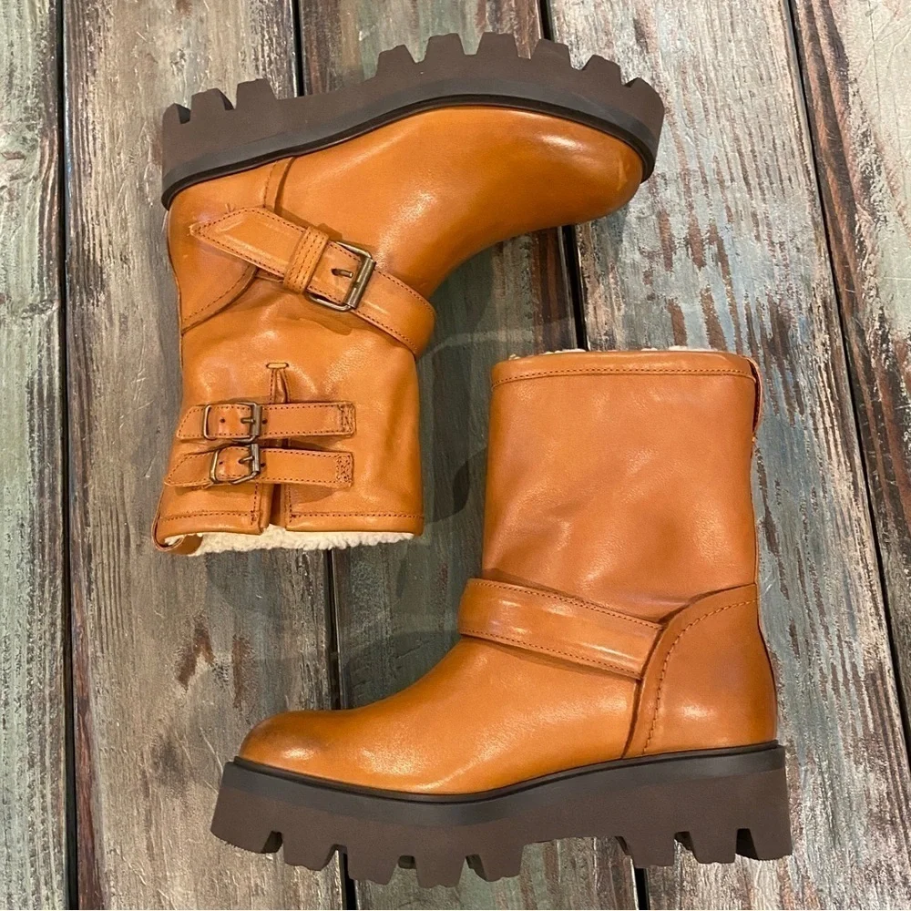 Ross & Snow Lucky Waterproof Cognac Leather Moto Ankle Boots Womens Size 6 Brown